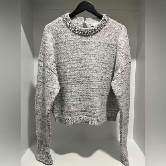 J Crew Embellished pullover sweater light grey silver metal Large NEW Gems - Picture 5 of 15